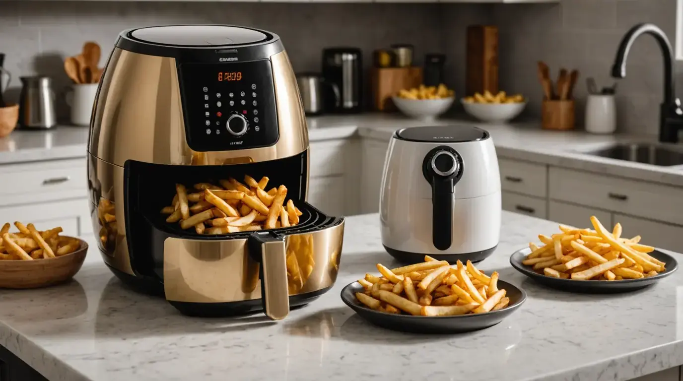 Air fryer e forno elétrico lado a lado na bancada da cozinha