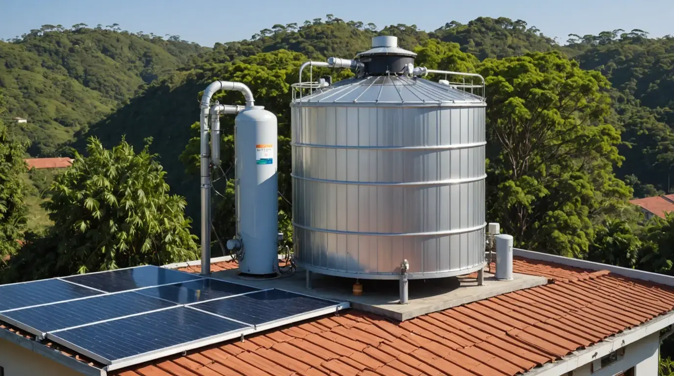 Coletores de aquecedor solar e reservatório no telhado