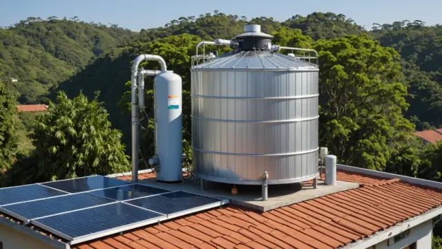 Coletores de aquecedor solar e reservatório no telhado