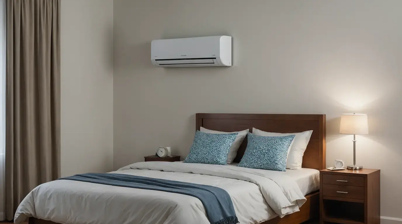 Quarto pequeno com ar-condicionado split acima da janela