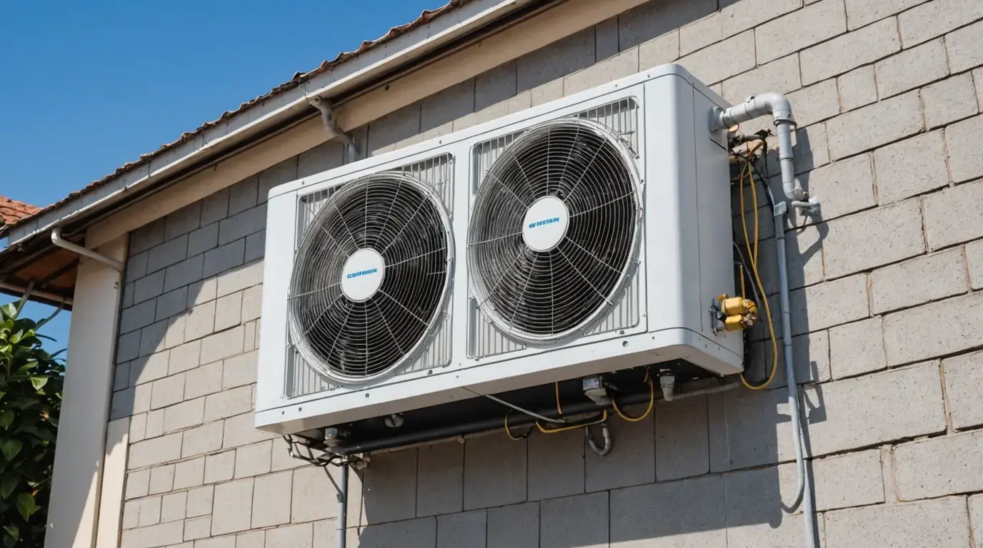 Unidade externa de ar-condicionado instalada na parede de uma casa