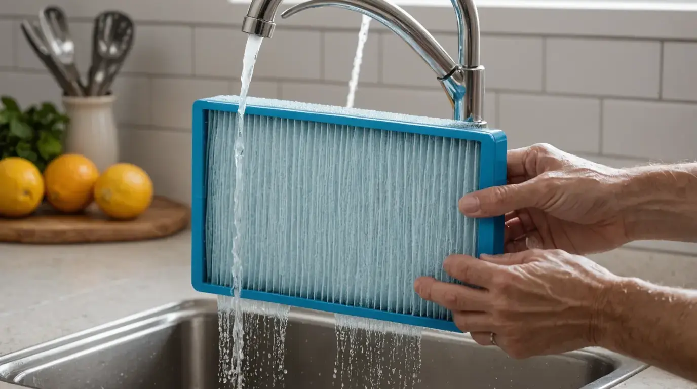 Mãos lavando o filtro do ar-condicionado na pia