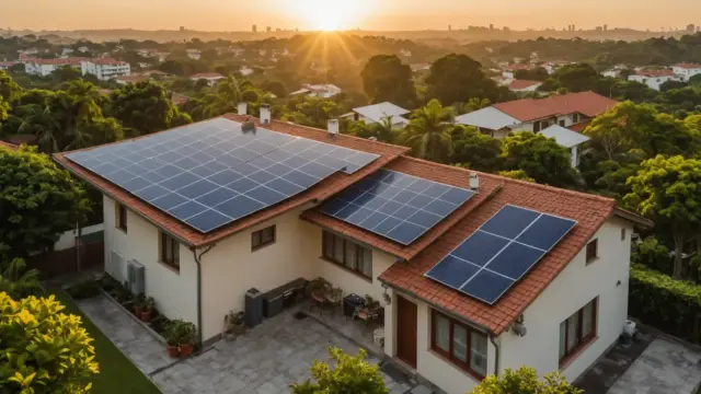 Placas solares no telhado de uma casa ao entardecer