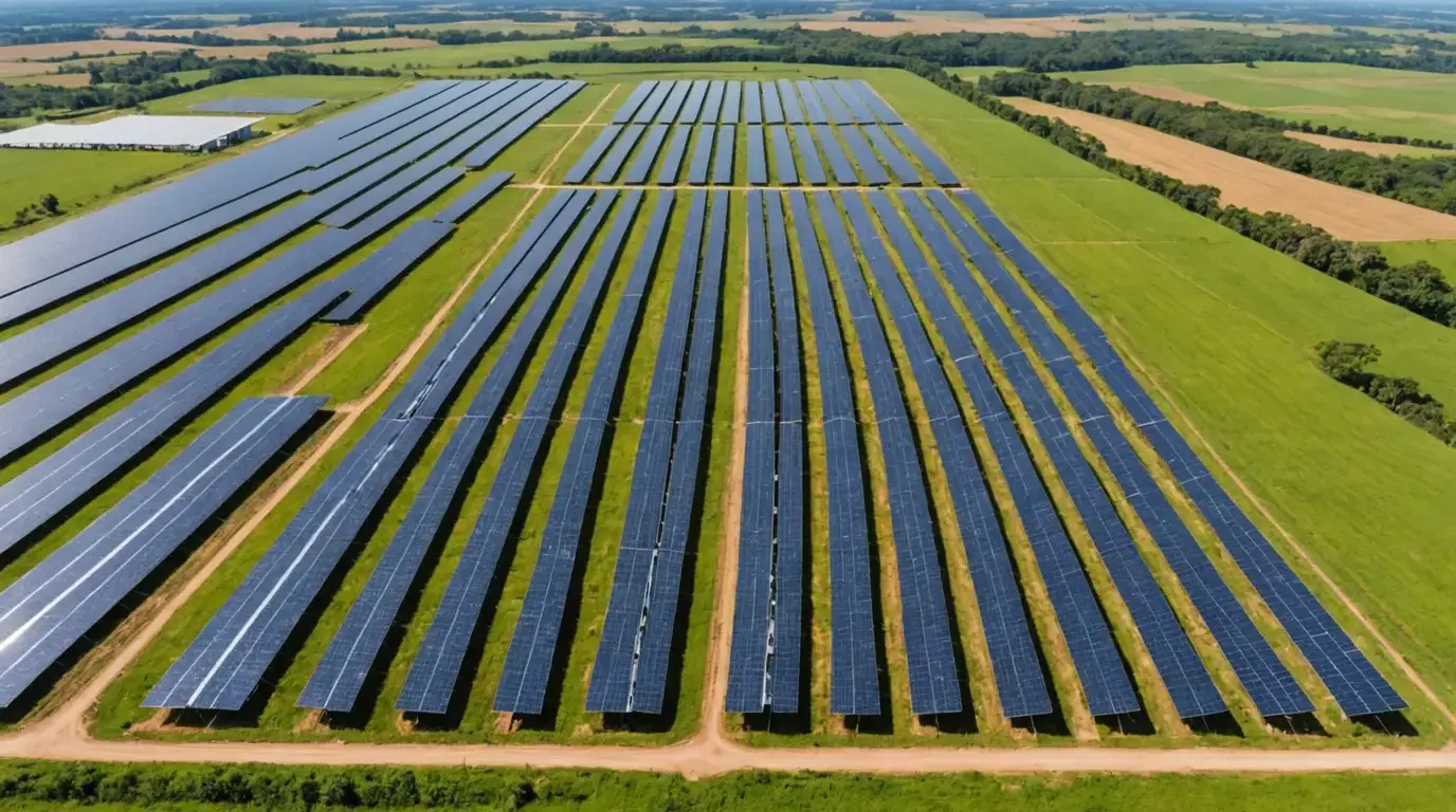 Usina solar com fileiras de placas em área rural