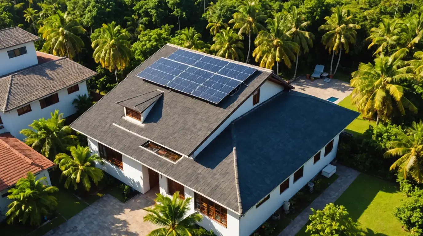 Casa com placas solares no telhado de telha cerâmica em dia de sol