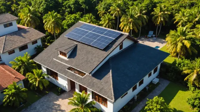 Casa com placas solares no telhado de telha cerâmica em dia de sol