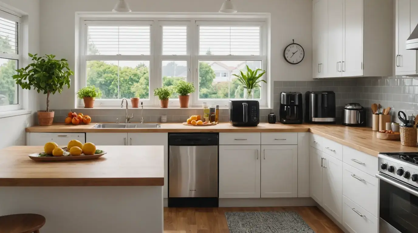 Cozinha com geladeira, micro-ondas, forno elétrico e air fryer
