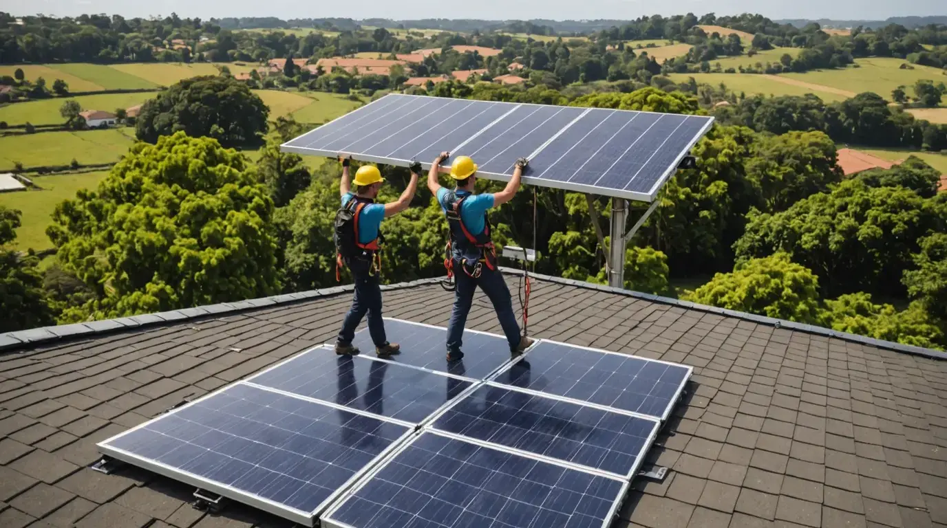 Instaladores posicionando uma placa solar no telhado