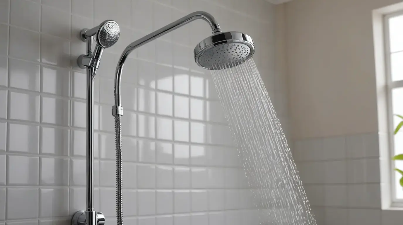 Chuveiro ligado em um banheiro de azulejos claros