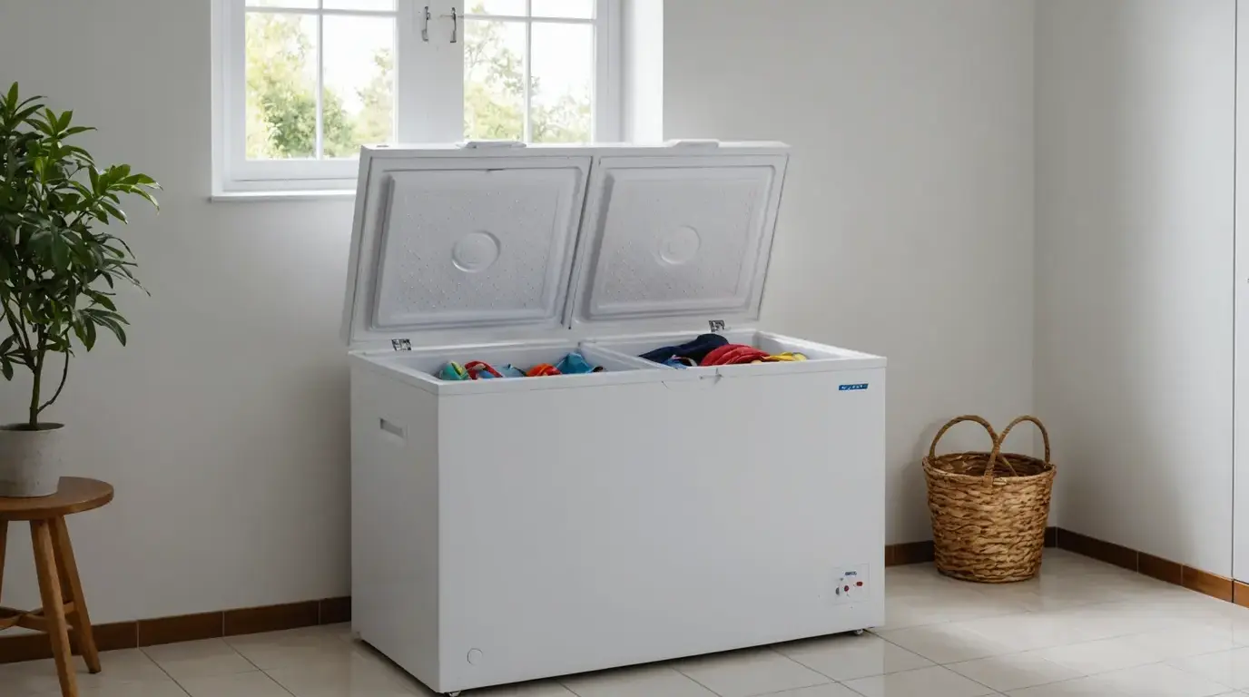 Freezer horizontal na área de serviço de uma casa