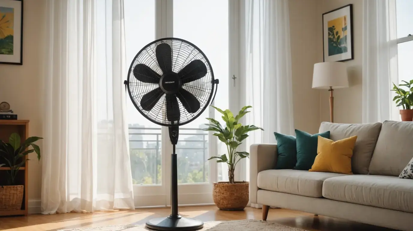 Ventilador de coluna em uma sala iluminada pelo sol
