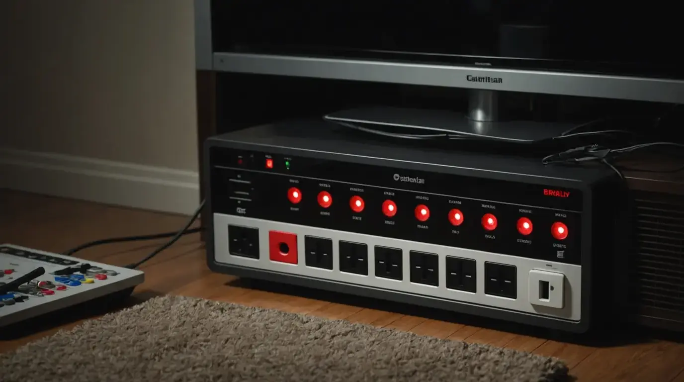 Filtro de linha com luz de stand-by acesa sob o rack da TV