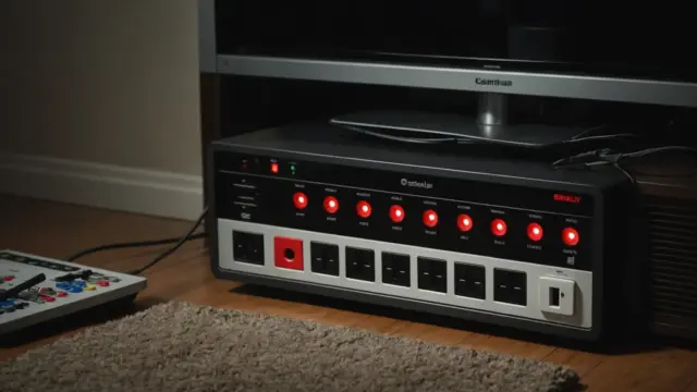 Filtro de linha com luz de stand-by acesa sob o rack da TV
