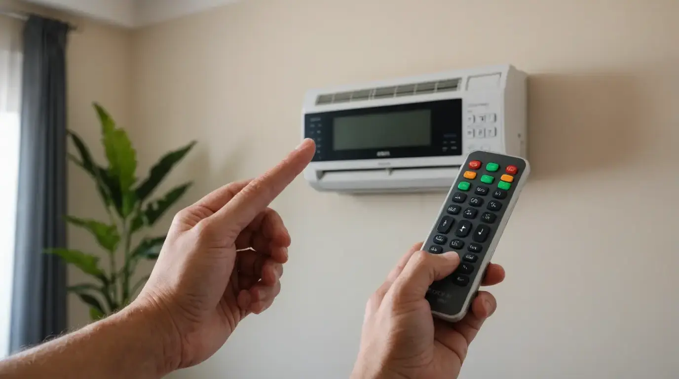 Mão segurando o controle remoto do ar-condicionado no quarto